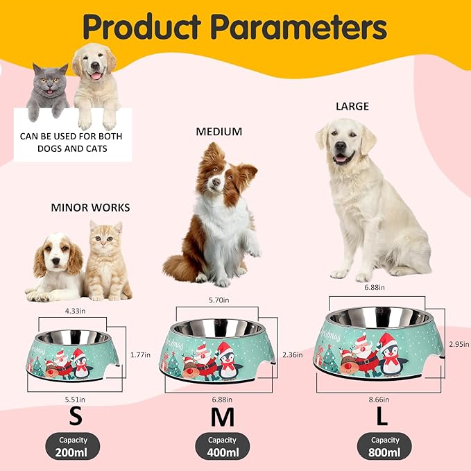 Christmas Xmas Pet Dog 2 in 1 Food Water Bowls - Non Slip Skid Proof Heavy Duty Pet Cats Dog Food Water Bowls for Feeding Small Dogs Puppies Cats Kittens-Green Christmas-S