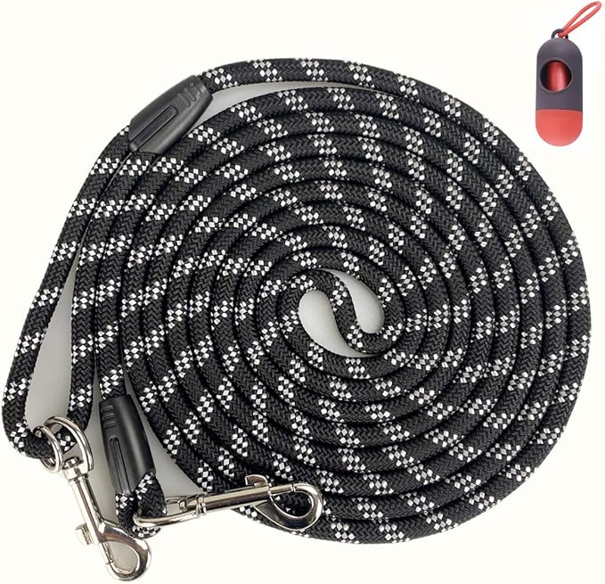 Long Rope Dog Leash for Dog Training 12FT 20FT 30FT 50FT, Reflective Threads Dog Cat Leashes Tie-Out Check Cord Recall Training Agility Lead for Large Medium Small Dogs (Black, 10mm*20ft)