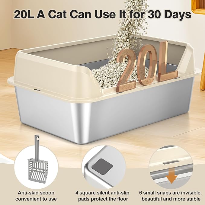Stainless Steel Litter Box with Lid, XL Cat Box, Non-Sticky, Anti-Leakage, Easy to Clean (Beige)