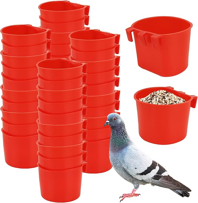 40 Pcs Cage Cups Birds Feeders Bird Water Dispenser Hanging Quail Waterer Plastic Chicken Feeding Watering Dish for Small Coop Parrot Parakeet PET Poultry Pigeon Gamefowl Food Seed Bowl Supplies(Red)