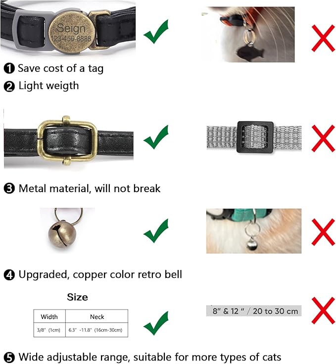 Leather Cat Collar Breakaway, Custom Cat Kitten Collar with Bells, Personalized Cat Collars with Name and Phone Number for Boy Girl Cats (Black, 6.3“-11.8“)