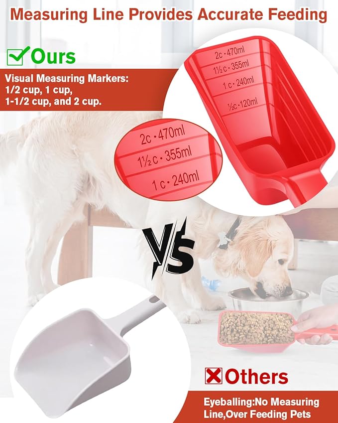 2 Cup Dog Food Scoop(2 Pack), Plastic Pet Food Scoop with Measuring Lines for Accurate Pet Food Portions,Dishwasher Safe (Black and Red)