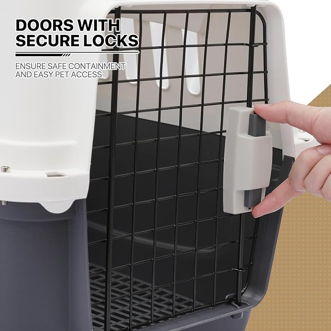 MoNiBloom 22-Inch Dog Crate Plastic 2-Door Top Loading Cat Carrier, Hard-Sided Dog Travel Carrier for Small Dogs and Cats, Ventilation and Security Lock Design for Pets up to 22 lbs (Grey)