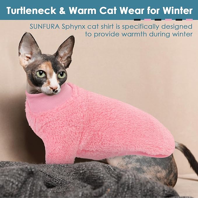 SUNFURA Sphynx Cat Sweater, Hairless Cats Turtleneck Pullover Kitten Sweaters for Cats Only, Warm and Soft Cat Pajamas Shirt with Sleeves Pet Winter Clothes Fleece Jumpsuit for Puppy, Pink S