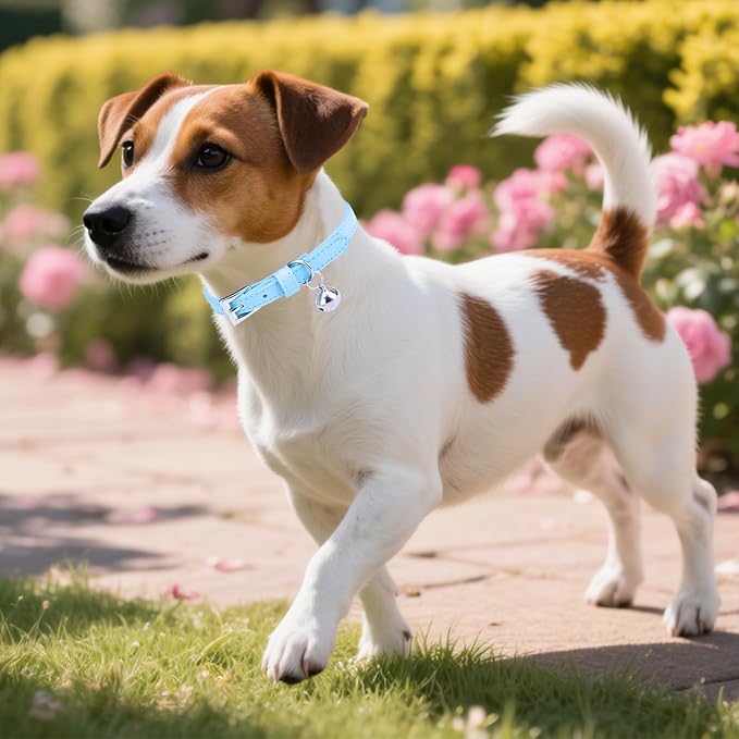 PUPTECK 2 PCS Soft Genuine Leather Cat Kitten Collar with Bells Adjustable for Girl Boy Cats Puppy - Pink, Blue