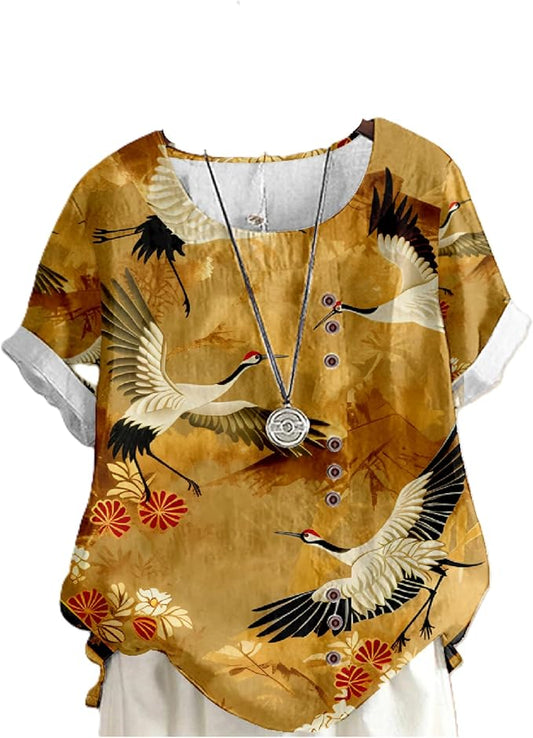 Japanese Print Women Summer Shirts Flower Bird Graphic Plus Size Tunic Tops Crewneck Short Sleeve Blouses