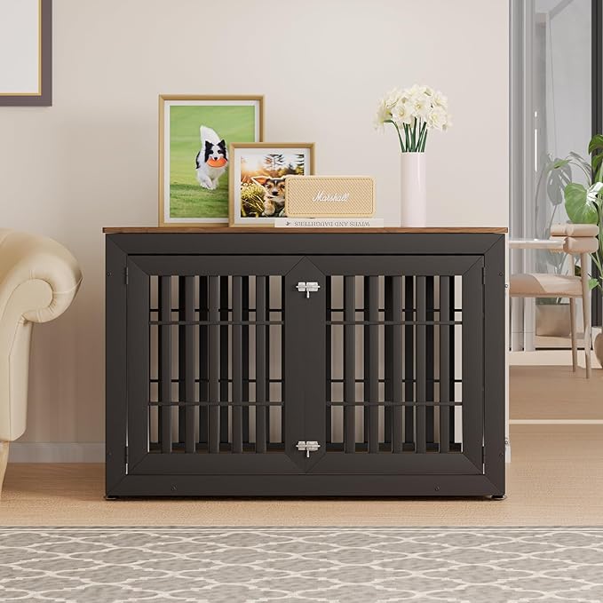 48" Heavy Duty Dog Crate Furniture for Small,Medium and Large Dogs,Rustic Wooden Dog Cage Kennel Indoor Furniture with Waterproof Top,Decorative Pet House Side End Table (Black & Wood)