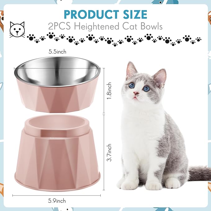 Lallisa 2 Pcs Elevated Cat Bowls Adjustable Raised Cat Feeder Non Slip Food Water with Stand Safe Stainless Steel Bowls with Pet Food Stand for Pets Feeding Eating(Pink)