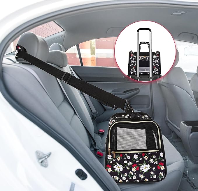 Petmolico Cat Carrier Dog Carrier, Airline Approved Soft Pet Travel Carrier with 3 Open Doors Mesh Windows for Cats Puppy 16 lbs, White Daisy