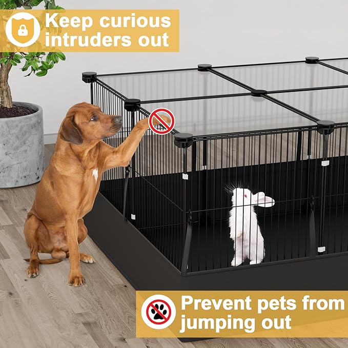 Tresbro Guinea Pig Cage with Top Cover & 12 Panels, Triple Fixing Measures Small Animal Playpen with Waterproof PVC Liner & One-Motion Hooks, 48 x 24 x 16 C&C Grids Cage for Bunny, Hedgehog, Hamster