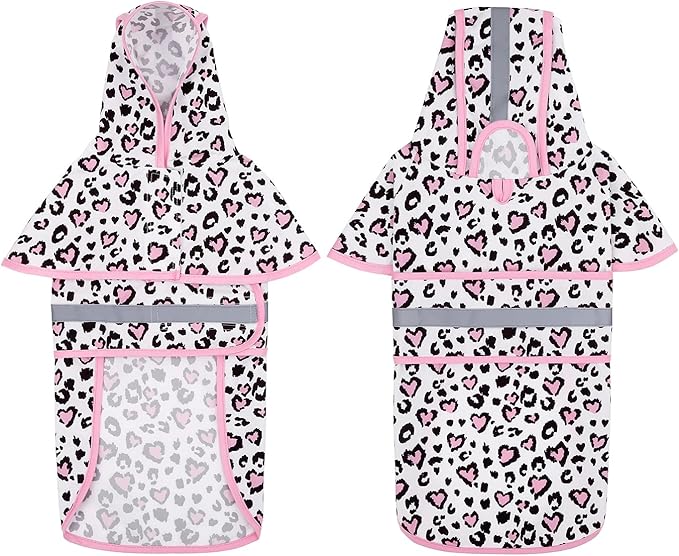HDE Dog Raincoat Jacket Reflective Adjustable Hooded Pet Poncho Rain Coat with Leash Hole for Small to X-Large Dogs Leopard Hearts - M