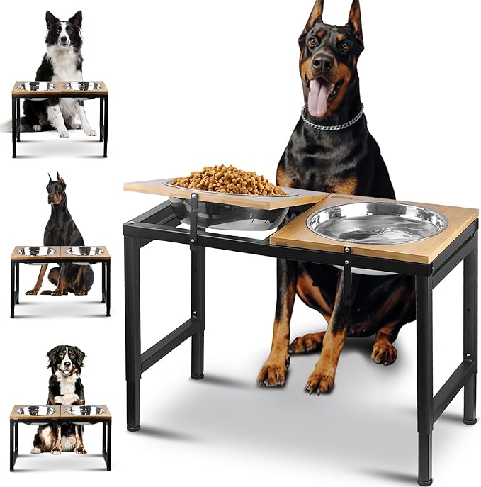 Elevated Dog Bowls Large Breed, 15"-20.5" H 4500ML Raised Dog Bowls for Large Extra Large Dogs, Bamboo Bowl Elevated with Stainless Steel Bowl, Metal Stand Adjustable Dogs Feeder