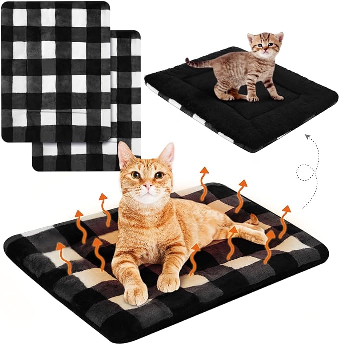 VitalCozy 2 Pack Self Warming Cat Mat Self Heating Pad Bed Reversible Machine Washable Reflects Body Heat Warm Thermal Pet Pad Crate Blanket for Feral and Indoor Cat (Black, White,22'' X 18'',Plaid)