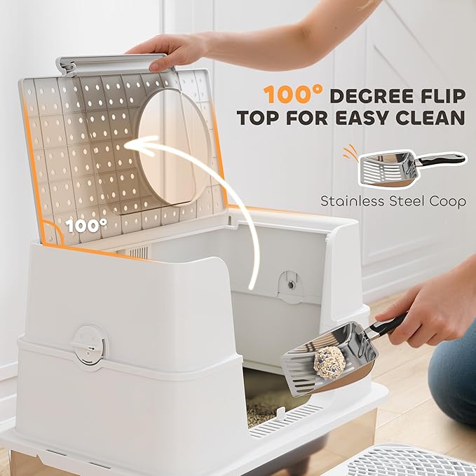 PawHut XL Stainless Steel Litter Box with Lid, Extra Large Top & Side Entry Enclosed Litter Box for Big Cats with 100° Flip Top, Scoop, Step, Odor Free, Easy Cleaning, Non-Sticky, Anti Leakage