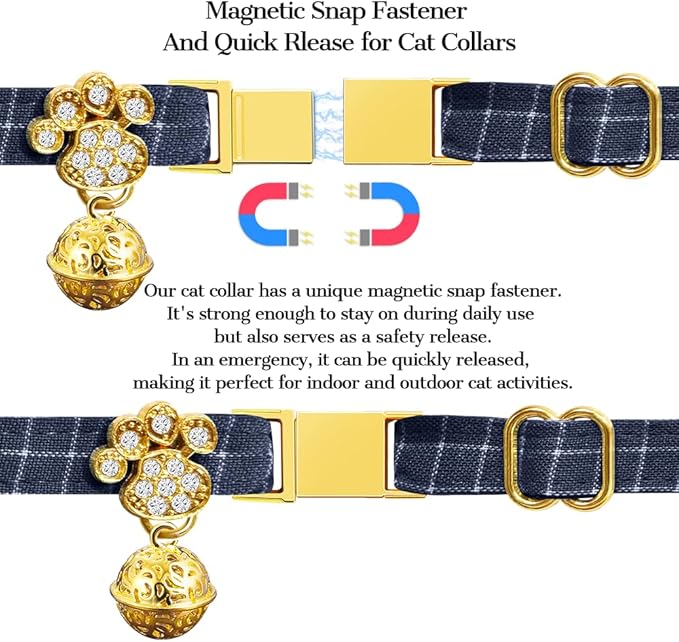 Personalized Breakaway Cat Collars - Magnetic Buckle, Bell - Safety Quick Release, Customized for Girls & Boys Cats- (Checkered-Navy)