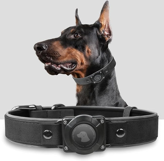 AirTag Dog Collar - Leather Dog Collar with Air Tag Holder | IPX8 Waterproof, Reflective, High - End, Adjustable Soft Padded | Dog GPS Tracker Collars Fit for Medium Large Dogs (Black, XL)