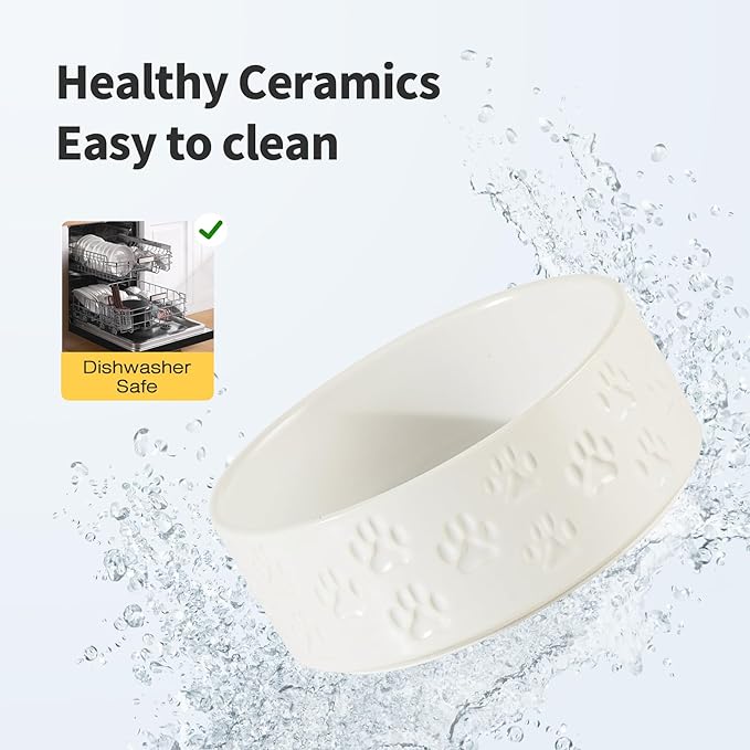 Ceramic Dog Bowl Set, 7.3" Dog Bowls with Anti-Slip Rings for Medium Breed Dogs, 5 Cup Food and Water Bowls, Pet Dishes for Medium-Sized Dogs, Microwave Safe (Double Bowls - White, 7.3 inch)