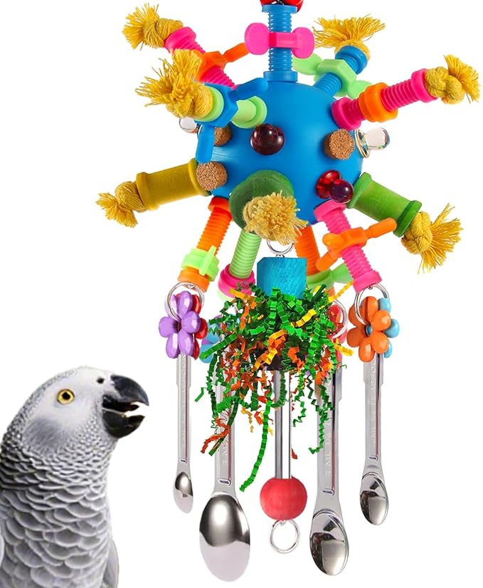 Parrot Toys Bird Toys Perch Pullable Stainless Steel Spoons Colorful Acrylic Stick Chew Toys for Amazons Mini Macaws African Greys Cockatoos Conures, Cockatiels, Lovebirds, Parrotlets and Other (blue)