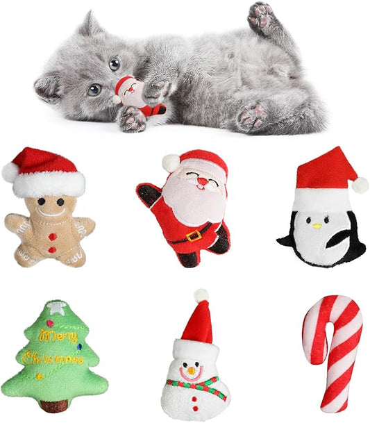 FOIMAS 6pcs Christmas Catnip Toys,Xmas Cat Toys Plush Santa Claus Snowman Tree Interactive Chew Bite Toys for Cat Kitten Indoor