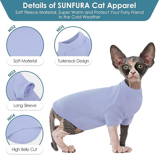 SUNFURA Turtleneck Sweater for Cat, Sphynx Cats Shirt Hairless Cat Sweaters with Sleeves, Warm and Soft Kitten Pullover Fleece Winter Pajamas Jumpsuit for Puppy Cats, Blue XL