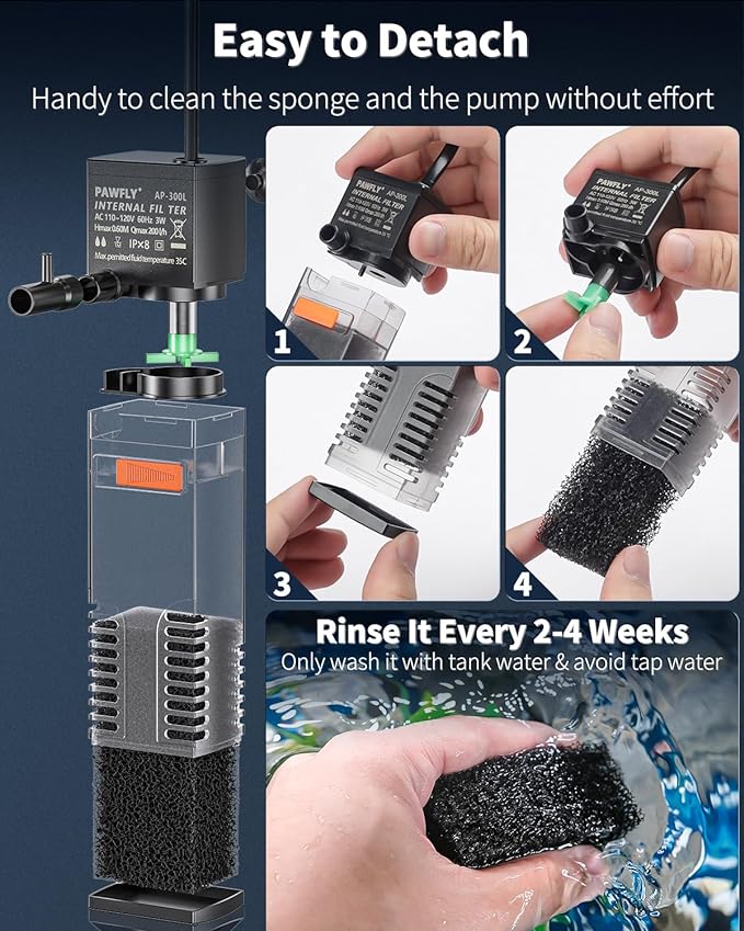 Pawfly Internal Aquarium Filter, Submersible Power Filter with 55 GPH Water Pump for 3 to 10 Gallon Fish Tanks Filtration Circulation and Oxygenation