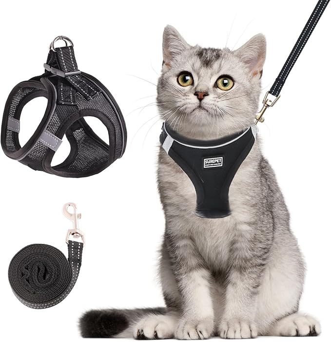 Cat Harness and Leash Set, Soft and Breathable Vest with Reflective Strip, Escape Proof Kitten Harness, Easy to Wear for Cats Walking and Traveling (Black, XXS)
