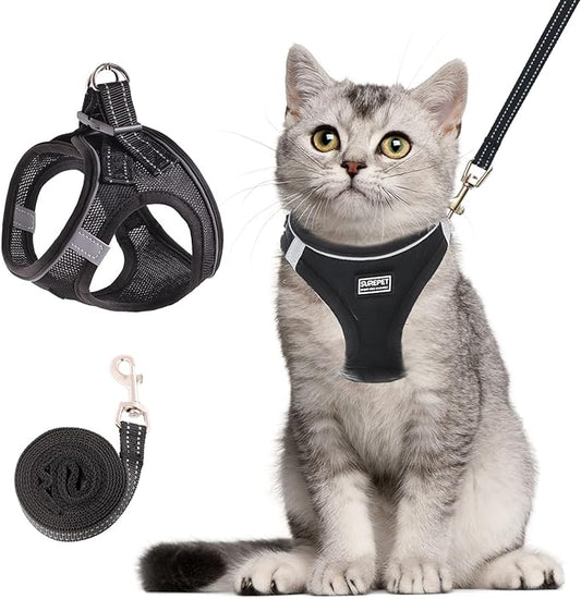 Cat Harness and Leash Set, Soft and Breathable Vest with Reflective Strip, Escape Proof Kitten Harness, Easy to Wear for Cats Walking and Traveling (Black, XS)