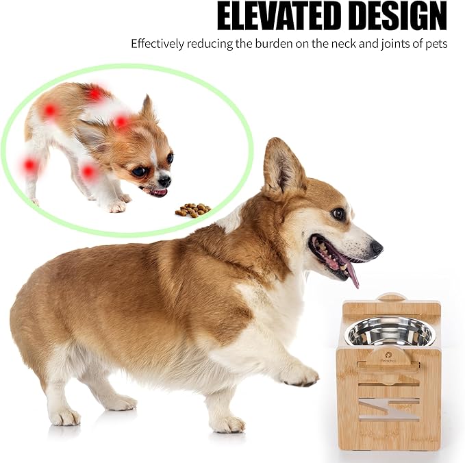 Elevated Dog Bowls, 6 Heights Adjustable Raised Dog Bowl 2.4″-6.7″, with Food Grade 304 Stainless Steel 15 OZ, Bamboo Dog Bowl Stand for Small & Medium Dogs Cats, 2 Pack