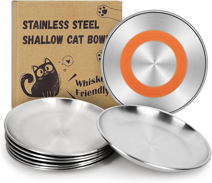 Supet Whisker Frinendly Cat Plates for Wet and Dry Food, Cat Bowls with Non-Slip Bottom, 304 Stainless Steel Flat Wide Shallow Dishes for Indoor Kitten (8Pcs)