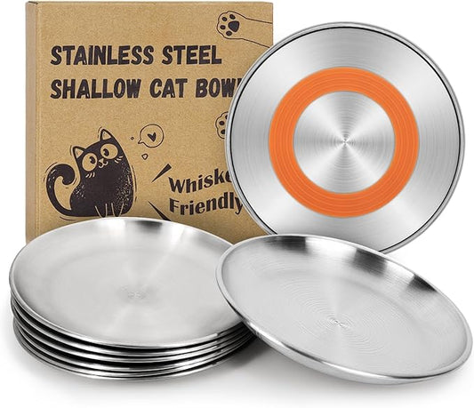 Supet Whisker Frinendly Cat Plates for Wet and Dry Food, Cat Bowls with Non-Slip Bottom, 304 Stainless Steel Flat Wide Shallow Dishes for Indoor Kitten (8Pcs)