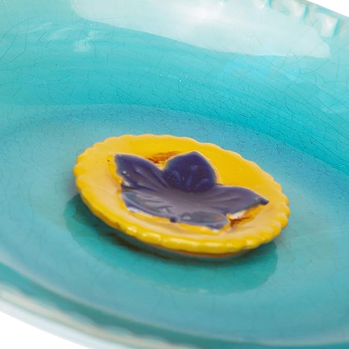 DUSVALLY Vintage Birdbath Ceramic Bird Bath Bowl Decor for Bird Bee Bath for Outdoor Patio Garden Backyard Yard,Blue with Yellow Flower