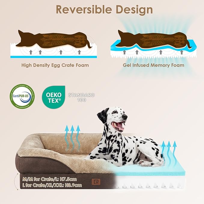 EHEYCIGA Memory Foam Dog Bed for Large Sized, Orthopedic Dog Sofa with Sides and Waterproof Liner, Washable Bolster Pet Bed Couch with Removable Cover, 36x27x7 Inch, Brown