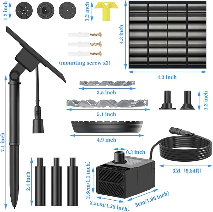 Solar Water Fountain for Bird Bath Upgrade Solar Panel Adjustable Flow Water Fountain 2W 7V Solar Powered Water Pump for Water Feature Small Pond