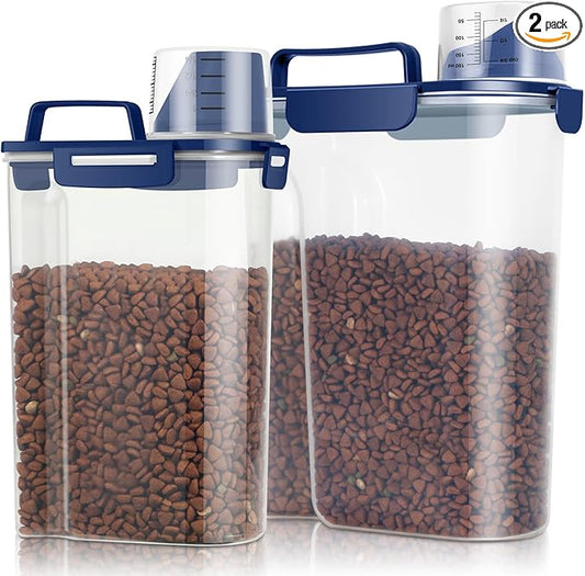 TBMax 2 Pack Cat Dog Food Storage Containers 8 to 10 Lbs, Portable Travel Pet Container Dispenser with Easy-Pouring Spout & Cup, Airtight Bird Seed Container Dog Treat Storage Bin