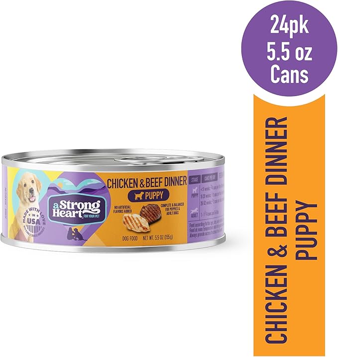 A Strong Heart Wet Puppy Food, Chicken & Beef Dinner - 5.5 oz Cans (Pack of 24), Made in The USA with Real Chicken & Beef