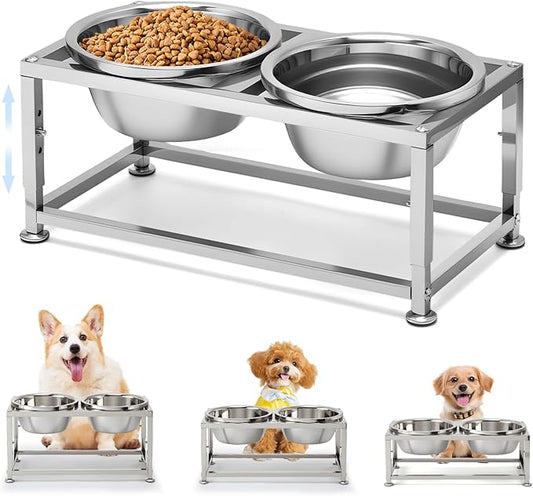 49OZ Full Metal Raised Dog Bowls for Small Dogs - 3 Height Adjustable (6.3'', 7", 7.7") Food Water Bowl, Stainless Steel Elevated Dog Bowl Feeder Station for Relief Joint Pressure