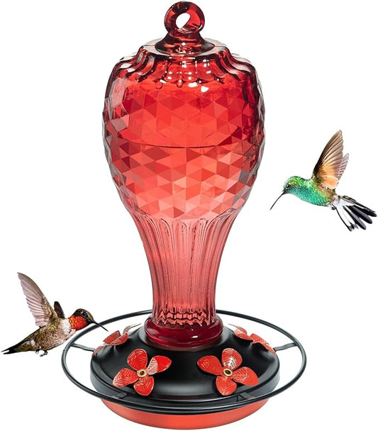 Glass Hummingbird Feeder for Outdoors with Ant Moat - Hand Blown Humming Bird Feeder, 5 Feeding Ports, Leak-Proof, 20 Ounces, Elegance Garden Decoration, Gift for Mom Dad Elderly
