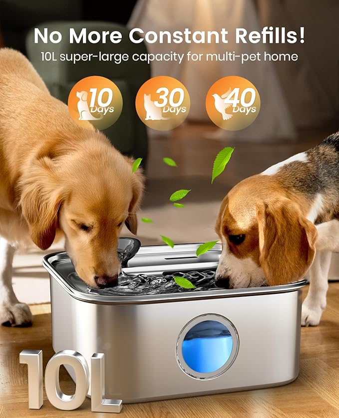 oneisall Dog Water Fountain for Large Dogs, 10L/2.6Gal Dog Fountain Water Bowl with Multi-Filtration & Deeper Drinking Aera, Large pet Water Fountain with Water Window & LED, Ultra-Quiet