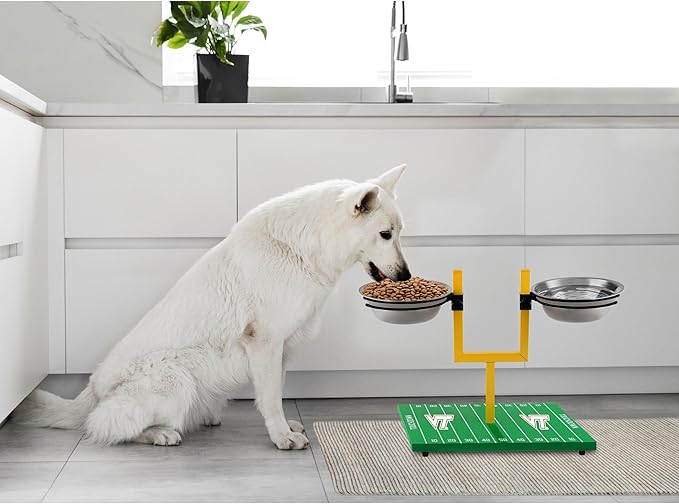 NCAA Virginia Tech Hokies Goalpost Football Field Dog Feeder – Adjustable Elevated Dog Bowls with Stand, 2 Stainless Steel Bowls, Non-Slip Rubber Feet, Raised Pet Feeder for Large & Small Dogs