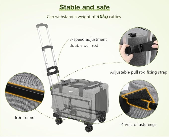 Pecute Cat Carrier with Wheels,Steel Wire Frame Cat Carrier, Stable Pet Trolley Bag for Cats, Pet Handbag and Stroller, Portable Cat Carrier Bag for Car Travel Bus Subway, Grey