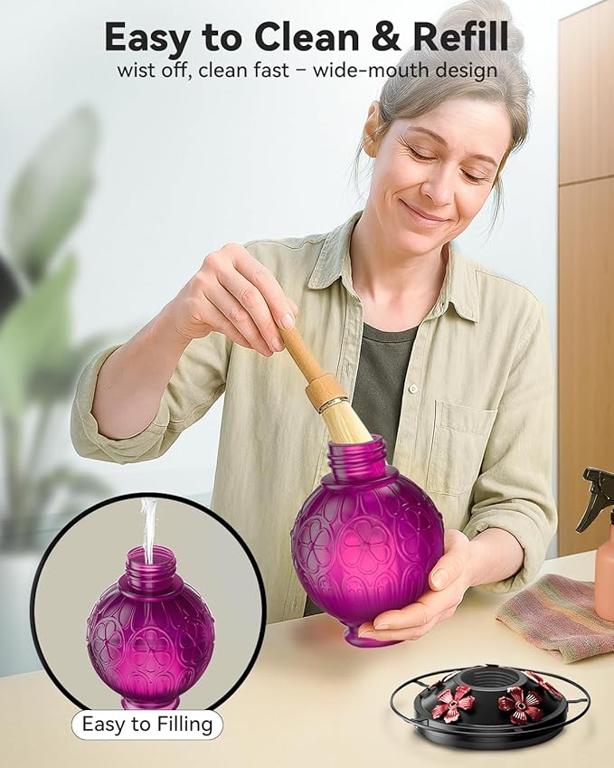 26Oz Hummingbird Feeder for Outdoors, Vintage Glass Bird Feeder with Perch, Durable & Easy to Clean, Hanging Nectar Feeder for Garden, Yard, Deck – Gift for Bird Lovers (Violet)