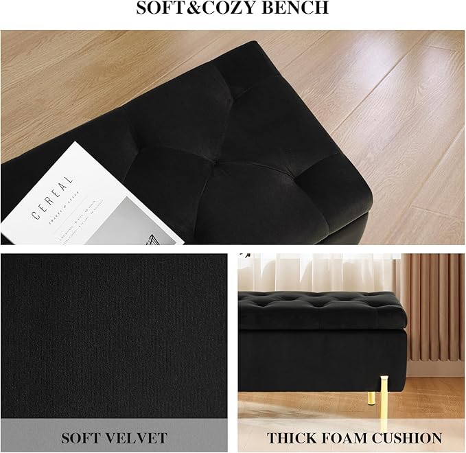 Velvet Storage Bench Ottoman,Versatile Seating with Hidden Storage,End of Bed Bench,Tufted Bench for Bedroom,Living Room,Entryway,Black
