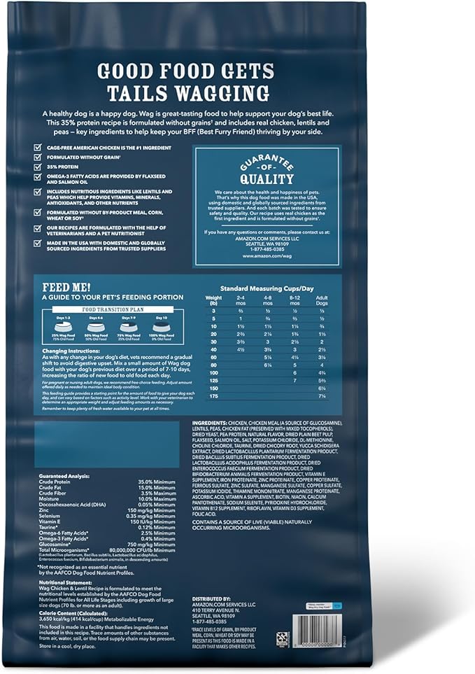 Amazon Brand - Wag Dry Dog Food Grain-Free Chicken & Lentil Recipe, High Protein (24 lb bag)