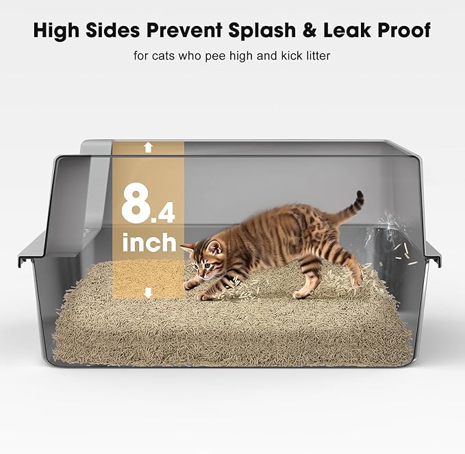 FURTIME Stainless Steel Cat Litter Box with Lid – High-Sided Metal Litter Pan for Small Cats, Kitty Litter Box Non-Stick, Odor-Resistant, Anti-Urine Leakage, Easy to Clean, Includes Scoop and Mat