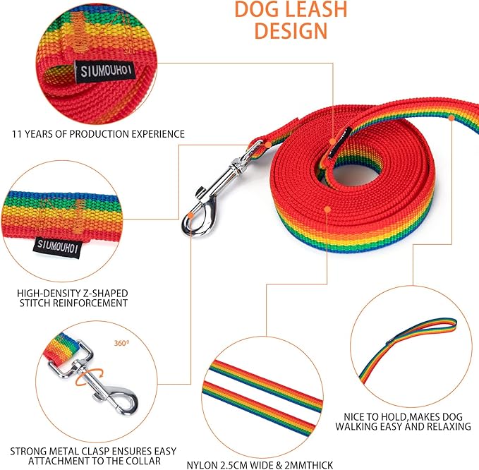 Strong Durable Nylon Dog Training Leash, 1 Inch Wide Traction Rope, 6 ft 10ft 15ft Long, for Small and Medium Dog (Rainbow, 10 Feet)