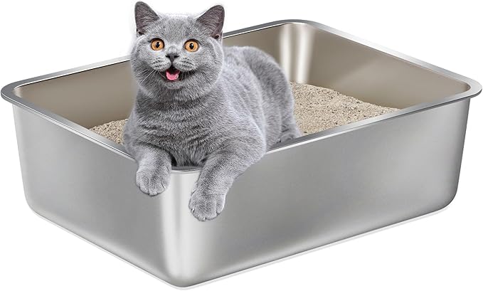 Stainless Steel Litter Box -6in High Side,Metal Litter Box for Cat/Kitty/Rabbits 17" L x 13.8" W x 6" H，Stainless Steel Cat LitterBox-Metal PanToilet,No Smell, Non Stick, Easy Clean.