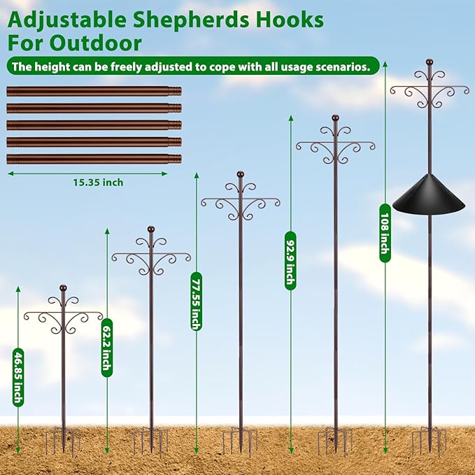Bird Feeder Pole for Outdoors Heavy Duty Squirrel Proof, 2 Pack 108 Inch Adjustable Tall Shepherds Hooks for Outdoor with 7 Prongs Base, Double Shepherd Hooks (2 Pack Copper, 108 Inch)
