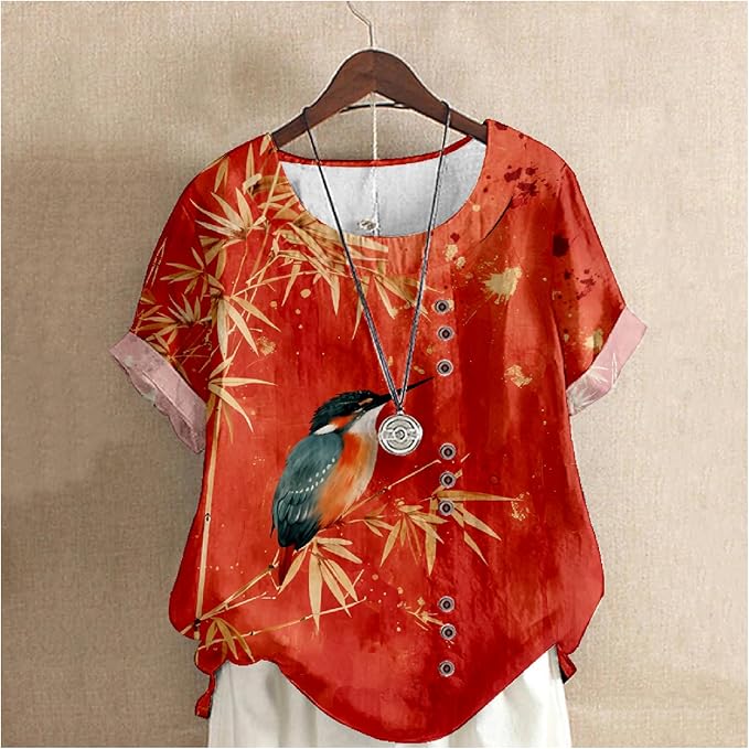 Japanese Print Women Summer Shirts Flower Bird Graphic Plus Size Tunic Tops Crewneck Short Sleeve Blouses