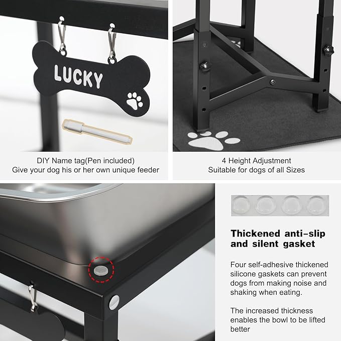 2 Gallon Elevated Large Dog Water Bowl, 4 Adjustable Height 10.5-15.8'' Raised Stainless Steel Bowl Stand with Anti-Slip Mat for Large Breed, Metal Dog Feeding Station for Relief Joint Pressure