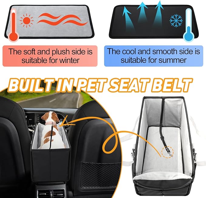 Portable Dog Car Seat for Small Dogs - Adjustable Safety Leash, Washable Cushion & Storage Pocket - Pet Booster Seat for Car Travel- Carbon Black
